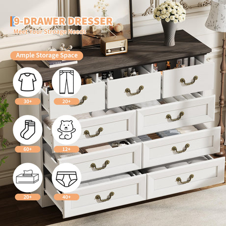 9-Drawer Dresser for Bedroom, 47 in Wide Dressers Wood Vintage Chest of Drawers with Natural Texture and Vintage Gold Floral Handles, Farmhouse Storage Organizer for Living Room, Hallway Entryway GarveeHome