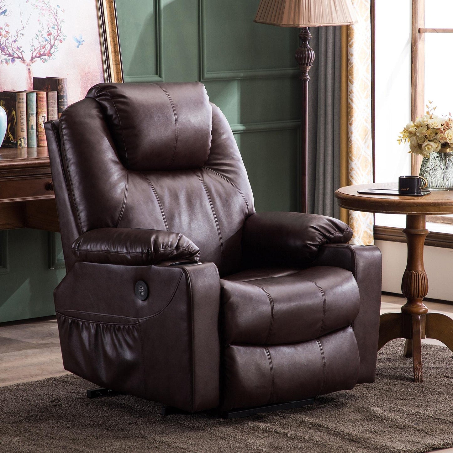 MCombo Electric Power Lift Recliner Chair Sofa with Massage and Heat for Elderly, 3 Positions, 2 Side Pockets, and Cup Holders, USB Ports, Faux Leather 7040 (Dark Brown, Medium)