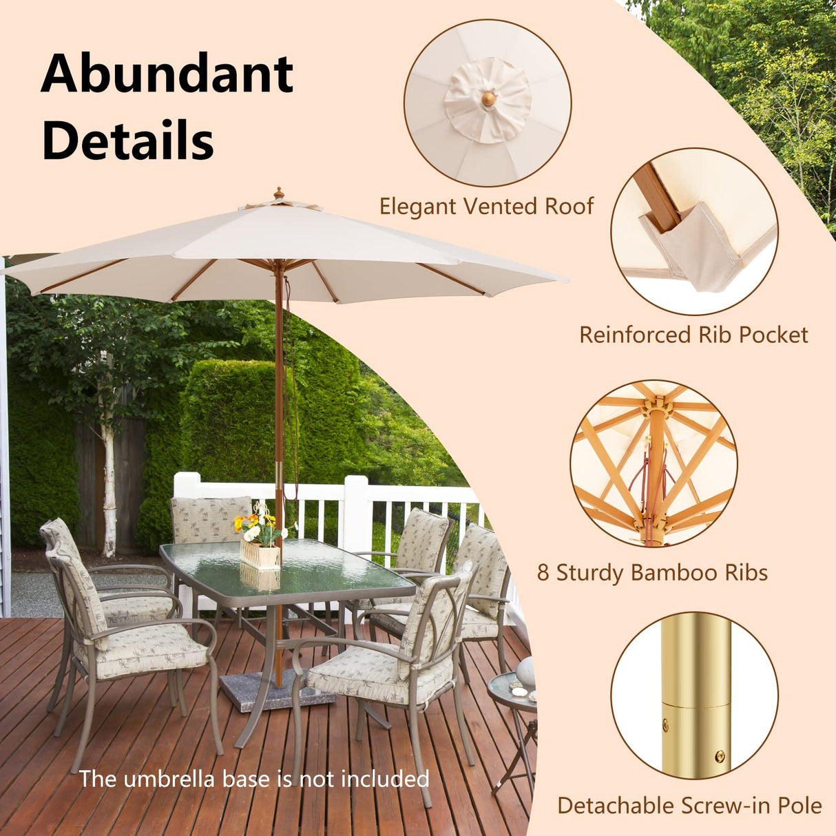 HAPPYGRILL 10 FT Wooden Patio Umbrella with Rope Pulley Lift, 8 Bamboo Ribs, 3 Adjustable Heights, Vented Roof, Outdoor Table Umbrella for Garden Poolside Backyard HAPPYGRILL