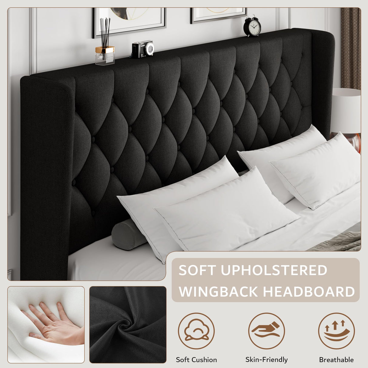 iPormis King Size Platform Bed Frame with Button Tufted Headboard, Upholstered Bed Frame with Solid Wooden Slats, 8" Underbed Space, No Box Spring Needed, Noise Free, Easy Assembly, Black iPormis