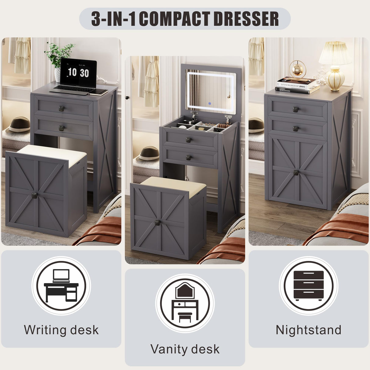 FREDEES Farmhouse 3 in 1 Vanity Desk with Mirror,Small Makeup Vanity Set with Soft Light, Space-Saving Makeup Vanity with Storage Compartment and Padded Stool,Dressing Table for Bedroom,Grey FREDEES
