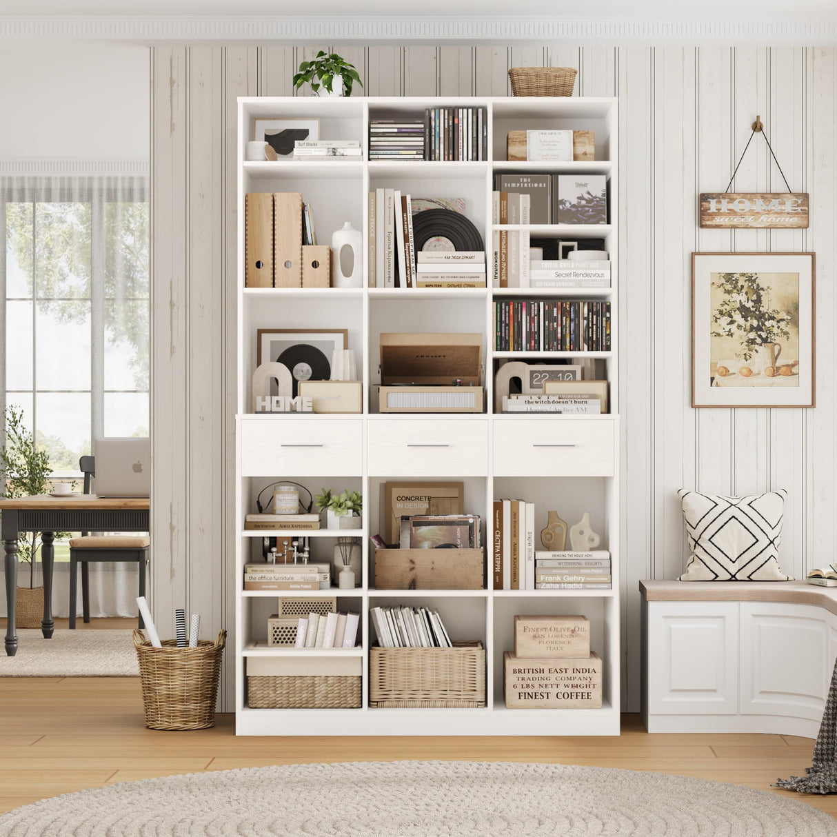 HOSTACK 75" Tall Book Shelf and Bookcase, 47" Wide Bookshelf with Drawers, Modern 9 Tier Bookcase with Storage, Large Wood Display Cabinet with Adjustable Shelves for Living Room, Home Office, White HOSTACK