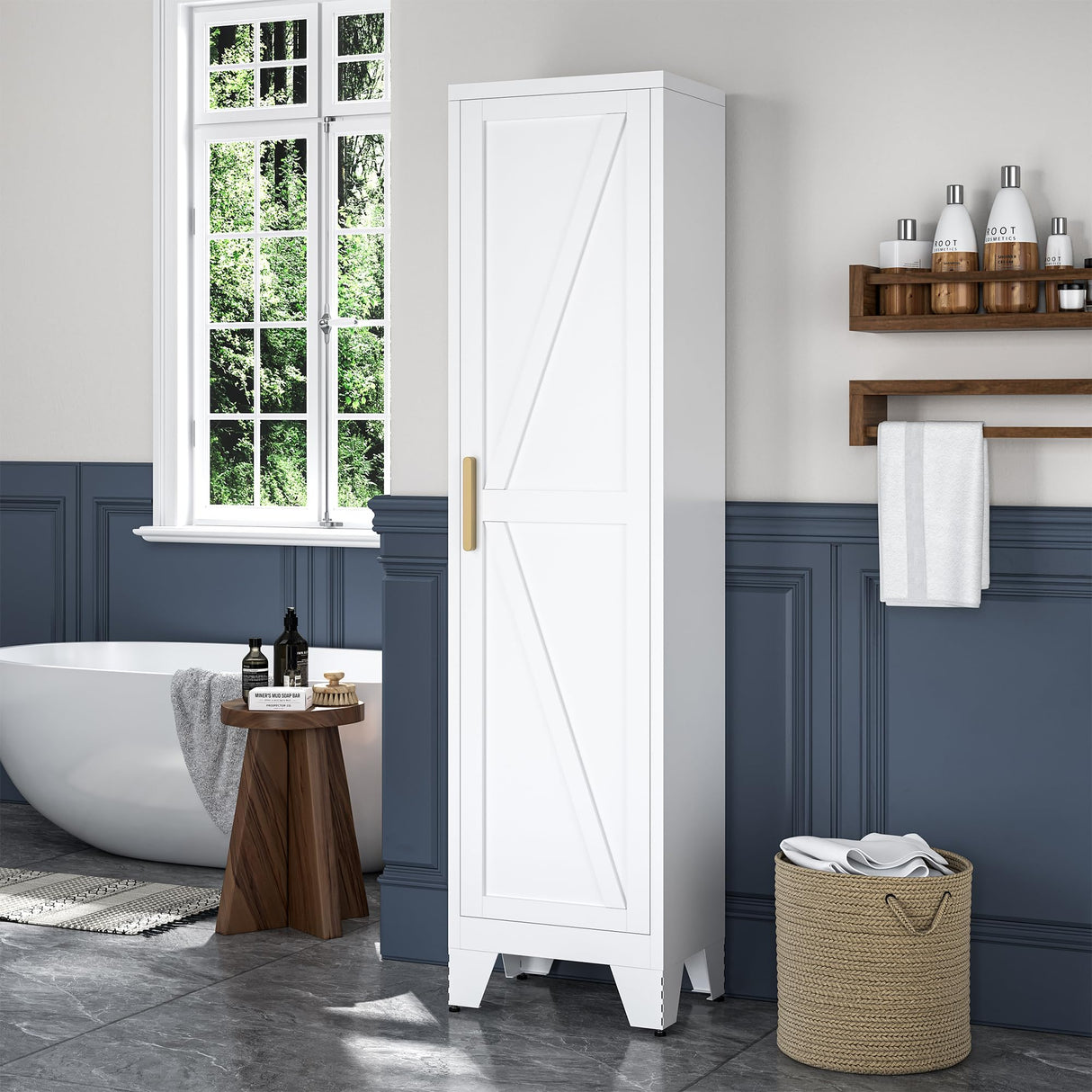 Tall Bathroom Cabinet,Narrow Metal Storage Cabinet with 5 Adjustable Shelves and Single Barn Door,Slim Pantry Storage Organizer for Bathroom,Kitchen,Entryway 67H White Baborokic