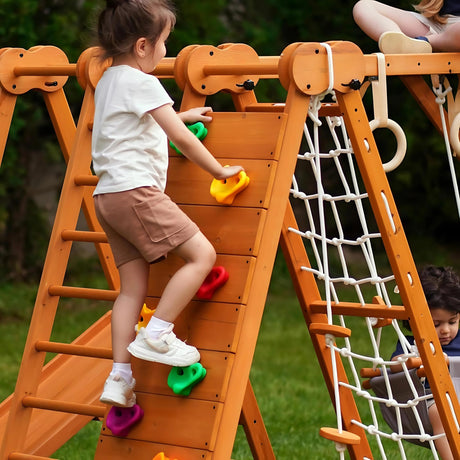 Avenlur 8-in-1 Small Indoor/Outdoor Playset – Foldable Wooden Kids Play Set for Backyard – Kid Playground for Toddlers Age 2–6 with Slide, Monkey Bars, 2 Ladders, 2 Swings, Rock Climbing, Gym Rings Avenlur