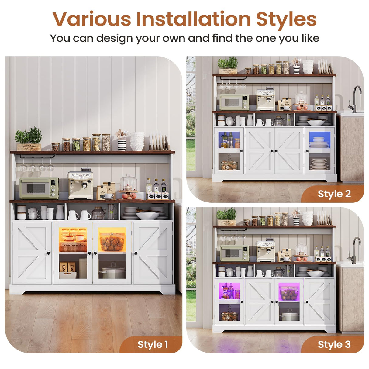 Hasuit Farmhouse Sideboard Buffet Cabinet with Goblet Holder & Power Outlet, Coffee Bar Storage with RGB LED Light and Adjustable Shelf for Kitchen Living Room (White) Hasuit