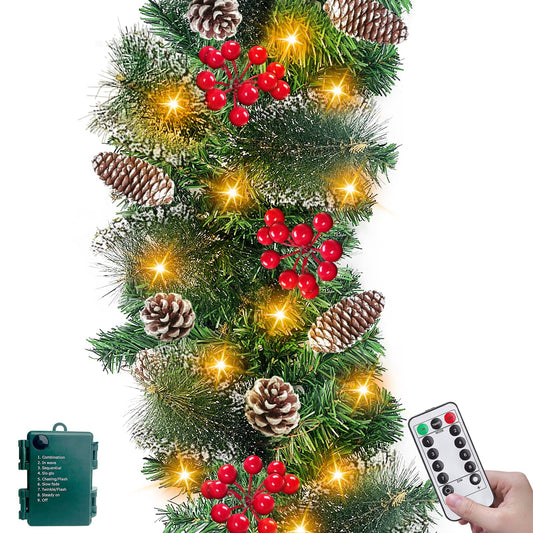 [ Remote Control & Timer & 8 Modes ] 9Ft by 10 Inch 50 LED Prelit Christmas Garland Decorations Warm White Lights Thick 300 Snowy Tips 198 Red Berry 18 Pinecone Xmas Decor Garland Indoor