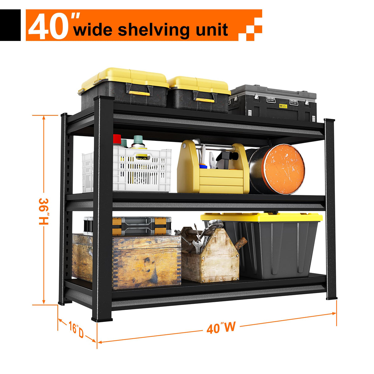 Huhaneon Heavy Duty Garage Shelves - 40''W 1,500Lbs Metal Adjustable Storage Shelving Rack Units for Warehouse Kitchen Pantry Basement 3 Tier Black 39.3" W x 15.7" D x 36" H Huhaneon