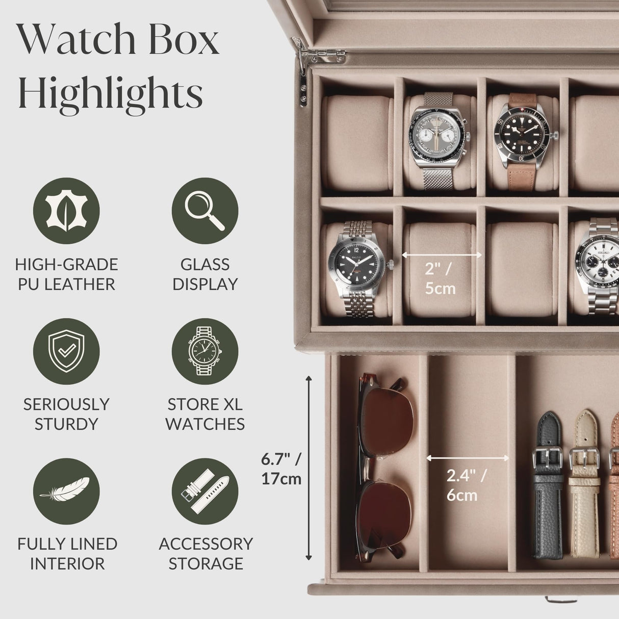 TAWBURY 12 Slot Watch Box with Storage Drawer – Premium Watch Storage Case for Men & Women | Handcrafted from PU Leather & Engineered Wood | Wrist Watch Display Case (Taupe) TAWBURY