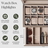 TAWBURY 12 Slot Watch Box with Storage Drawer – Premium Watch Storage Case for Men & Women | Handcrafted from PU Leather & Engineered Wood | Wrist Watch Display Case (Taupe) TAWBURY