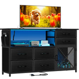 SZLHANJZ Dresser for Bedroom with LED Lights, TV Stand with Charging Station for 50 inch TV, 6 Drawers Chest with Door and Side Storage, Long Metal Dresser Table for Living Room, Black SZLHANJZ