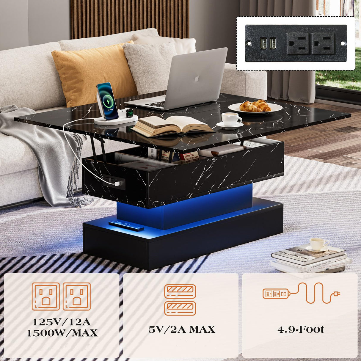 SYESWAY Lift Top Coffee Table with Charging Station, Modern High Glossy Coffee Table with LED Light, 3 in 1 Multifunctional Coffee Table with Storage & Hidden Compartments for Living Room, Black SYESWAY