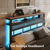 ZENBEDING Led Full Size Bed Frame with 2-Tier Headboard, Metal Platform Bed Frame with Storage Headboard, Mesh Full Bedframe with Charging Station, No Box Spring Needed (Rustic Brown) ZENBEDING