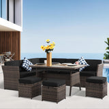 YOCONYO Patio Furniture Set, 7 Pieces Patio Dining Set, All Weather Outdoor Wicker Conversation Loveseat Set with Dining Table, Ottoman in Brown Rattan Black Cushions YOCONYO