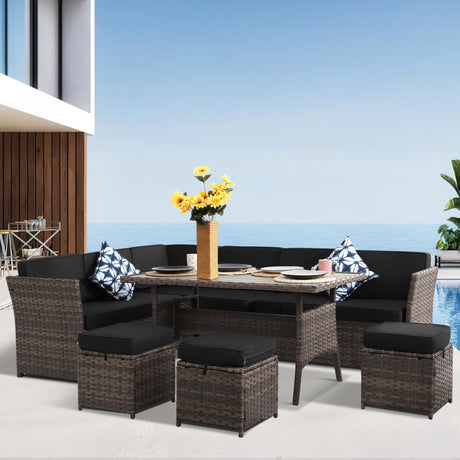 YOCONYO Patio Furniture Set, 7 Pieces Patio Dining Set, All Weather Outdoor Wicker Conversation Loveseat Set with Dining Table, Ottoman in Brown Rattan Black Cushions YOCONYO