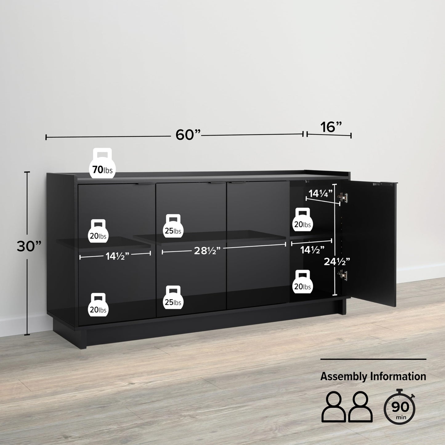 Prepac Simply Modern 4-Door Console Table with Storage Shelves - Black, 60" W x 30" H x 16" D - WoodArtSupply