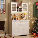 ONBRILL 71" Pantry Storage Cabinet with Microwave Shelf & Door Shelves, Kitchen Wood Pantry with Outlet & LED Light, Kitchen Hutch with DIY Pegboard & 6 Hook, Modern Cabinet with Drawer & Wine Rack ONBRILL