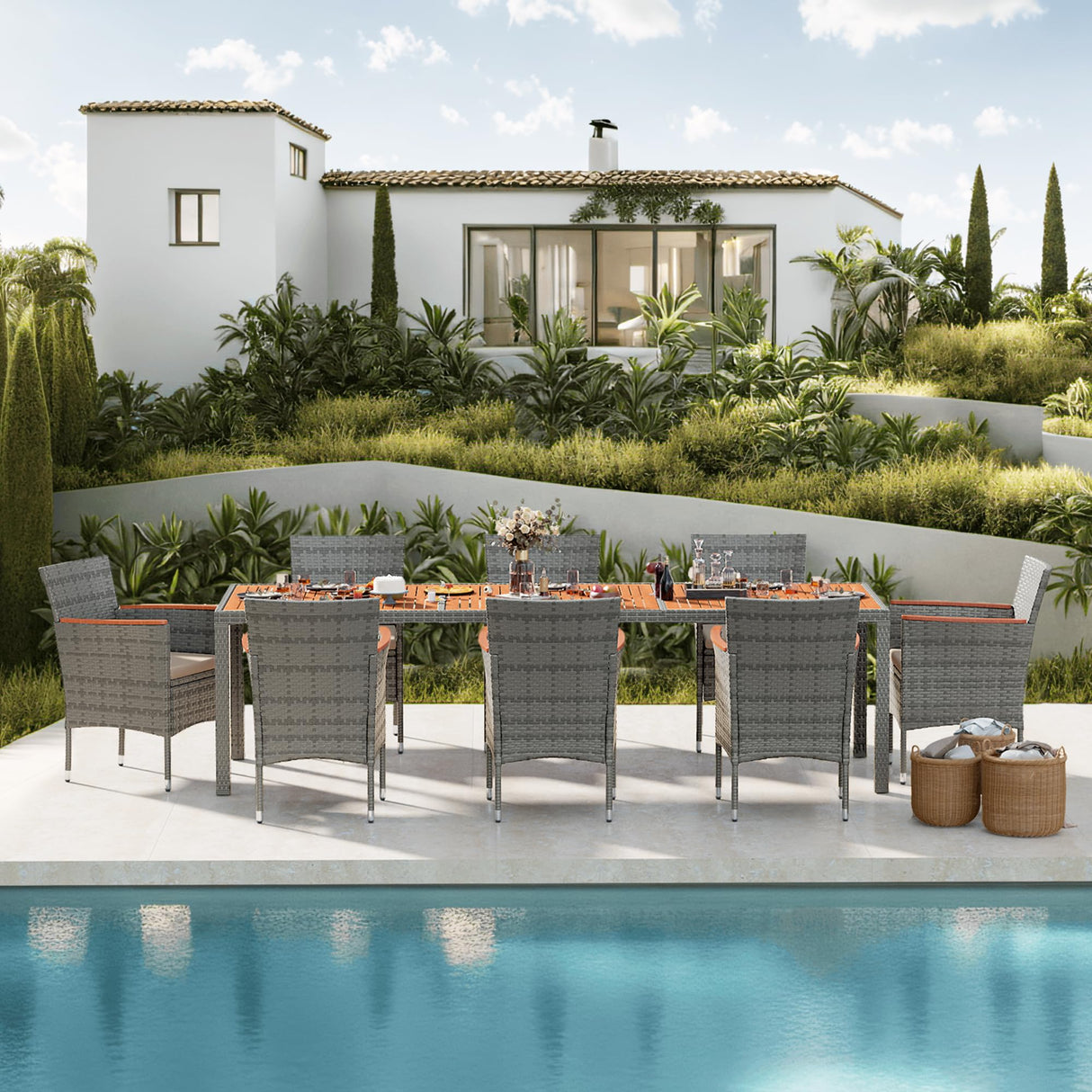 Devoko Outdoor Patio Dining Sets 9 Pieces Wicker Outdoor Dining Table and Chairs Set with Acacia Wood Table Top and Widened Armrests for Backyard, Garden, Deck (Grey) Devoko