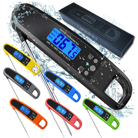 LIKEPAI Instant Read Meat Thermometer for Kitchen Cooking, Ultra Fast Precise Waterproof Digital Food Thermometer with Backlight, Magnet and Foldable Probe for Deep Fry, Outdoor BBQ, Grill（Black） LIKEPAI
