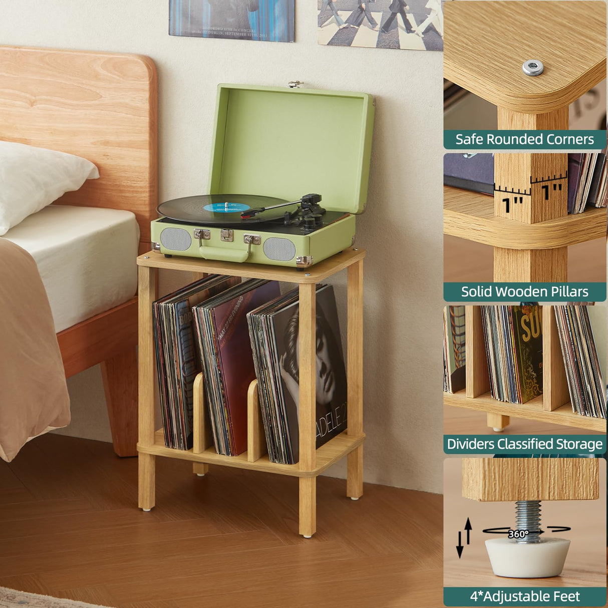 LELELINKY 2-Tier Bamboo Record Player Stand with Vinyl Record Storage up to 100 Albums, Bedroom Record Holder and Multi-Functional End Table for Living Room, Natural LELELINKY