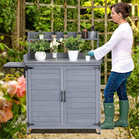 GarveeLife Garden Potting Bench Table, Outdoor Garden Horticultural Wooden Storage Cabinet, Solid Wood Planting Work Bench with Open Top, Metal Tabletop, Handy Hooks, Bench Table Cover GarveeLife