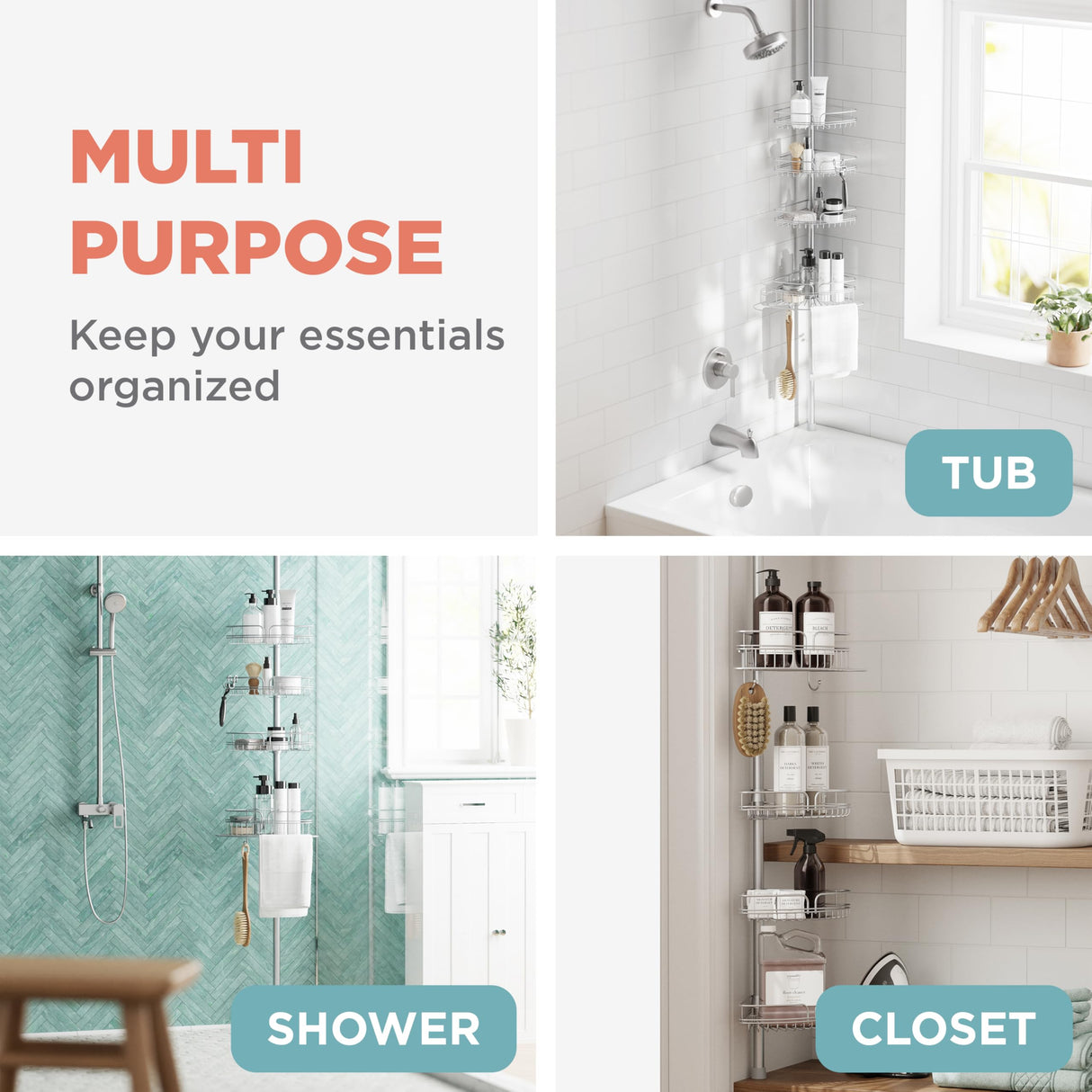 Zenna Home Tension Pole Shower Caddy Corner Organizer, Adjustable Standing Shower Caddy with 4 Baskets and Built in Towel Bar, Rust Resistant Bathroom Tension Rod Organizer, 60 to 97 Inch, Chrome Zenna Home