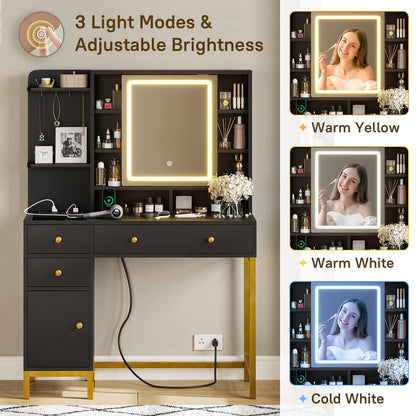 VIAGDO Vanity Desk with Openable Mirror and Lights, Black Makeup Vanity with Lights & Charging Station, Bedroom Vanity Table with 3 Drawers, Hooks, Hidden Storage Shelves - WoodArtSupply