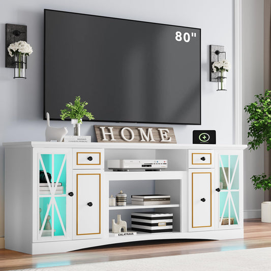 YITAHOME LED Home Modern Farmhouse TV Stand for up to 80 Inches Tvs, Wood Entertainment Center with Socket & Storage Drawers, TV Cabinet for Living Room, Ivory 70"