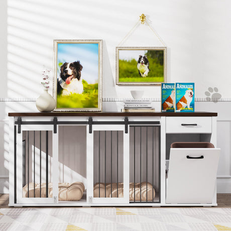 YOCONYO Large Dog Crate Furniture Large Breed,71 Inch Wooden Dog Crate with Tilt Out Trash Cabinet,Drawers,Divider and Sliding Barn Door, Double Doors Dogs Crate for 2 Dogs (White) YOCONYO
