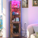 Hyomdeck 67-Inch Tall LED Corner Shelf with Charging Station - 5-Tier Rustic Brown Bookcase for Living Room, Kitchen, or Home Office Hyomdeck