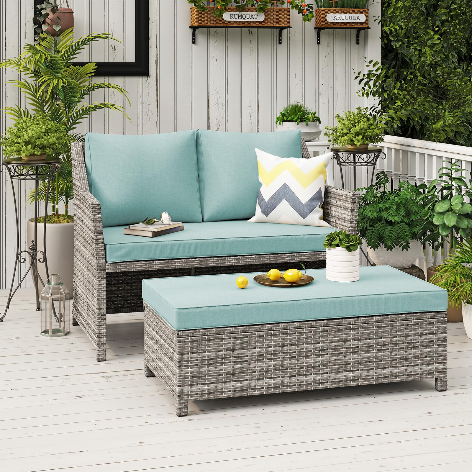 OC Orange-Casual 2-Piece Outdoor Patio Furniture Wicker Love-seat and Coffee Table Set, with Built-in Storage Bin, Grey Rattan, Green Cushions - WoodArtSupply