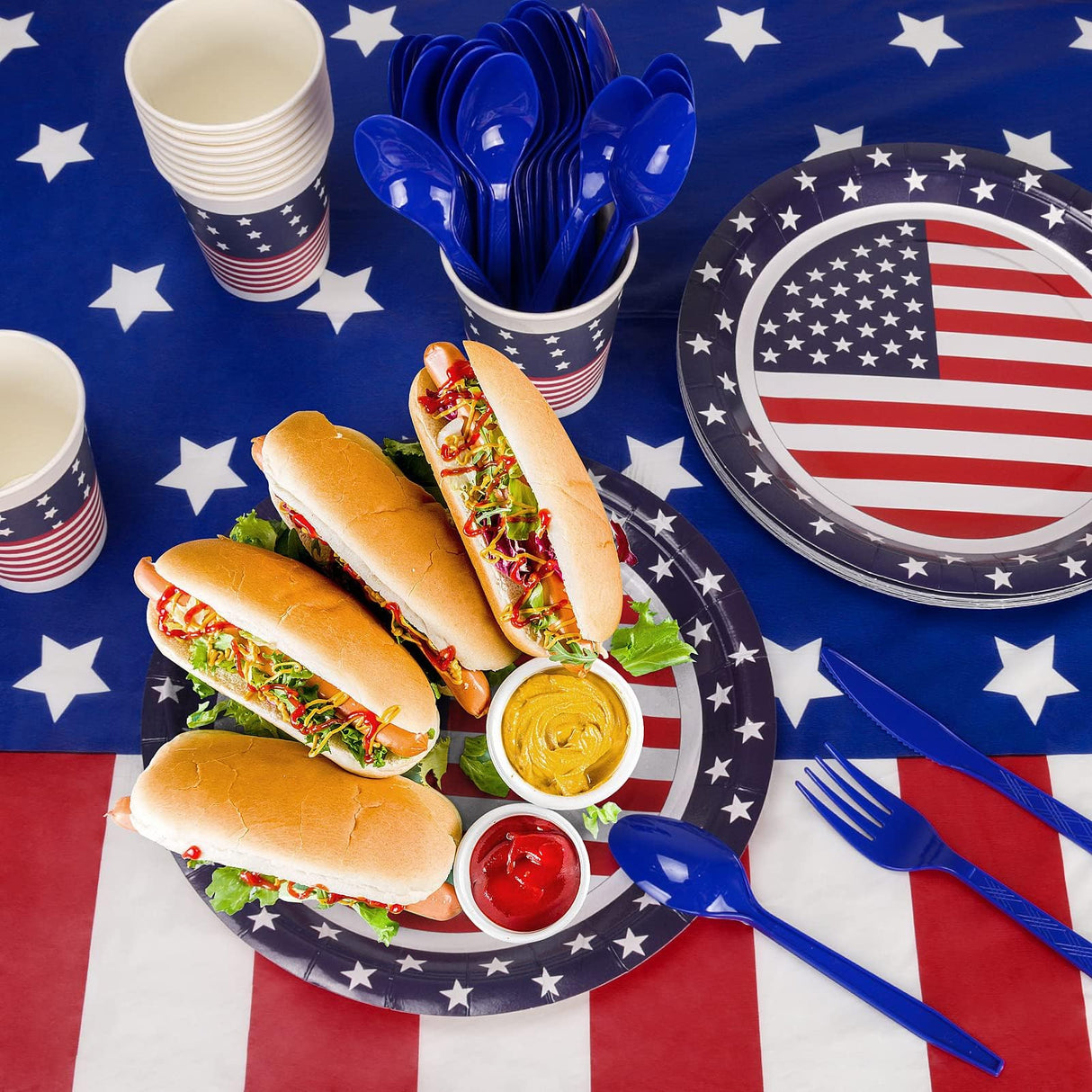 Patriotic Party Supplies,152Pcs American Flag Themed Party Set, Patriotic Party Decorations, American Flag Tablecloths,4th of July Plates Cups, Red White and Blue Decor for Outside, Picnic, Memorial Childom