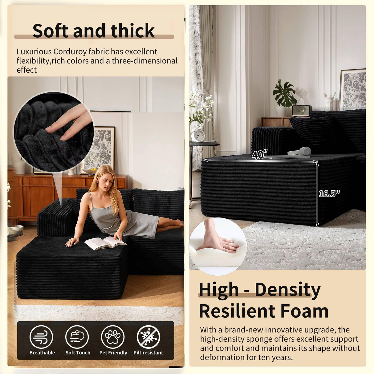 110” No Assembly Compression Boneless in a Box Cloud Sectional Couches for Living Room L-Shape Sleeper Sofa, Modern Modular Corduroy Reclining Comfy Fluffy Memory Foam Furniture for Bedroom Home Black lzgxhf