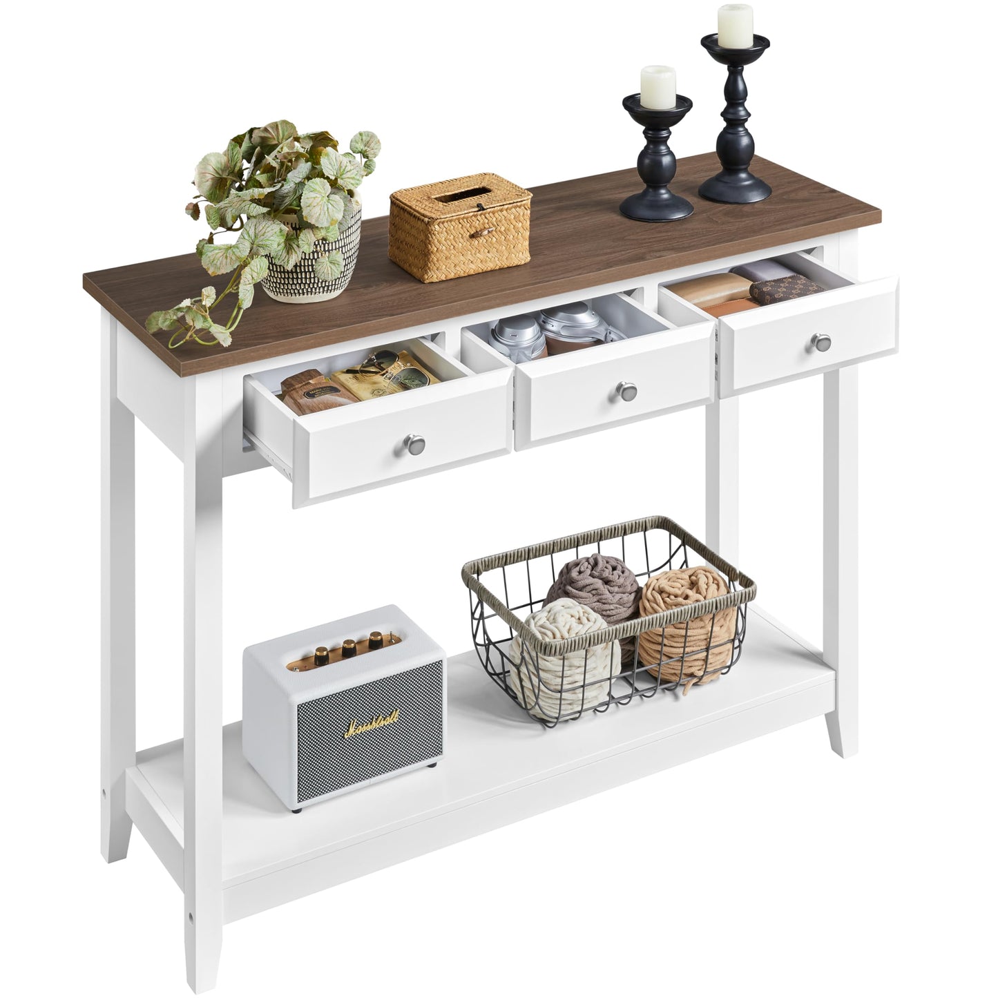 Yaheetech Farmhouse Console Table with 3 Drawers, Vintage Entryway Table with Storage Shelves, Narrow Long Sofa Table for Living Room, Hallway, Kitchen, Foyer, Hallway, Dining Room, White