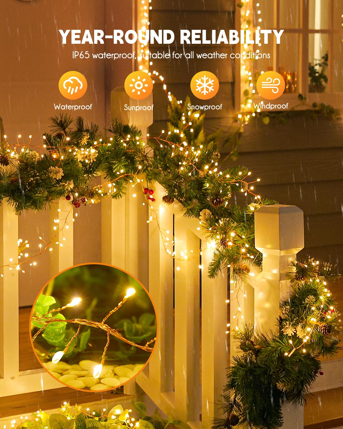 Brightown Outdoor Waterproof, 9.8Ft 120 LED String Lights, 8 Modes Firecracker Fairy Lights for Patio Balcony Wedding Christmas Decor (Warm White) Brightown