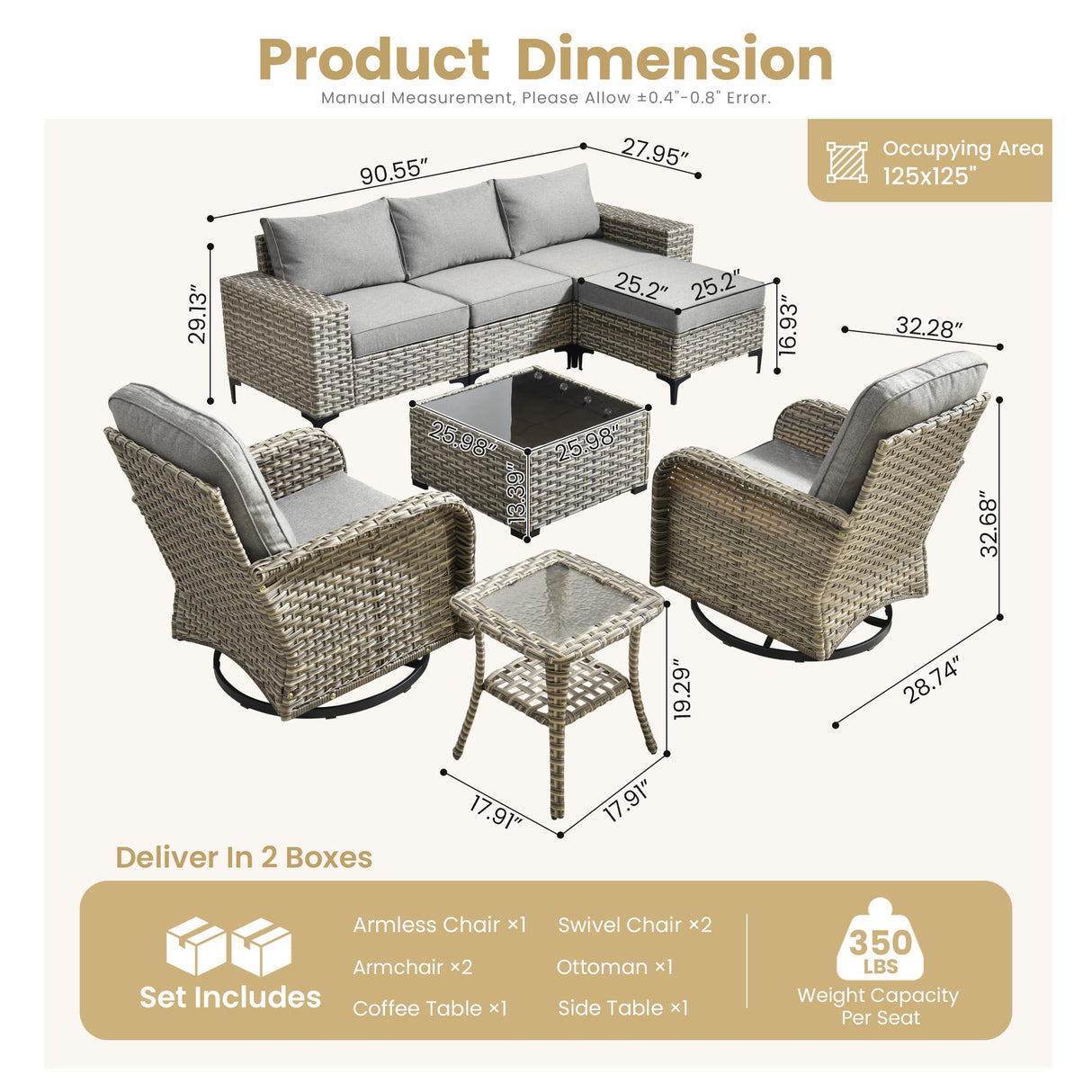 HOOOWOOO Outdoor Sectional Furniture Set,8 Pieces Wicker Patio Conversation Sets,L Shape All Weather Outside Couch Sofa Set with Swivel Chairs Solar Light Table Ottoman,Charcoal Gray HOOOWOOO