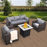 Valita Patio Rattan Furniture Set 4-Piece Outdoor PE Wicker Conversation Couch, Brown Sectional Sofa Couch with 50,000BTU Adjustable Fire Pit Table Non-Slip and Washable Gray Cushions Valita