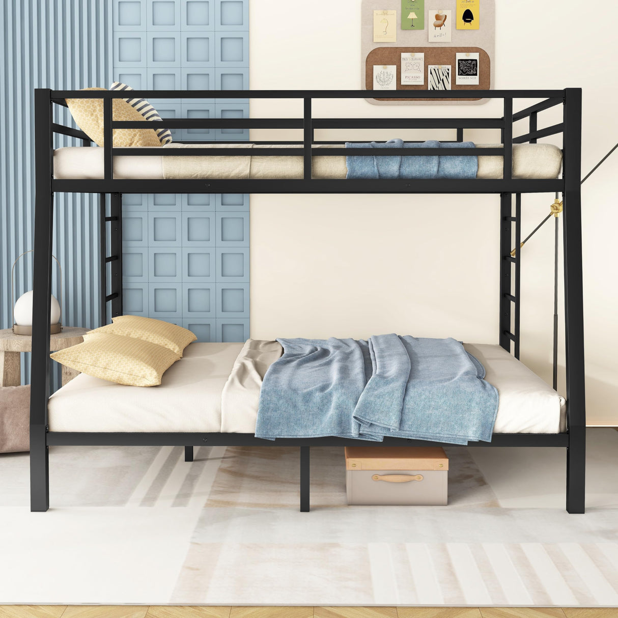 Bellemave Full XL Over Queen Metal Bunk Bed for Adults,Heavy-Duty Bunk Bed with 2 Ladders,Full Over Queen Bunk Beds,Space-Saving Bunk Bed for Kids/Teens/Adults,Noise-Free,Black Bellemave