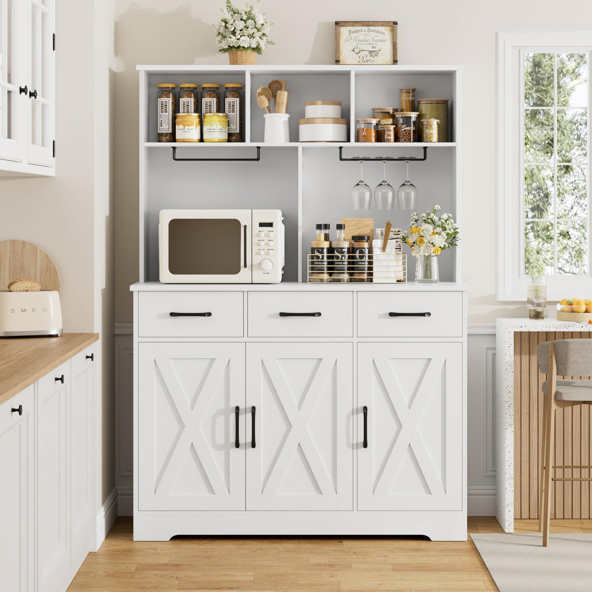 HOSTACK Buffet Cabinet with Hutch, Modern Farmhouse Kitchen Buffet Sideboard Storage Cabinet with 3 Drawers, Barn Door Coffee Bar Station, Liquor Cabinet for Dining Room, Living Room, White HOSTACK