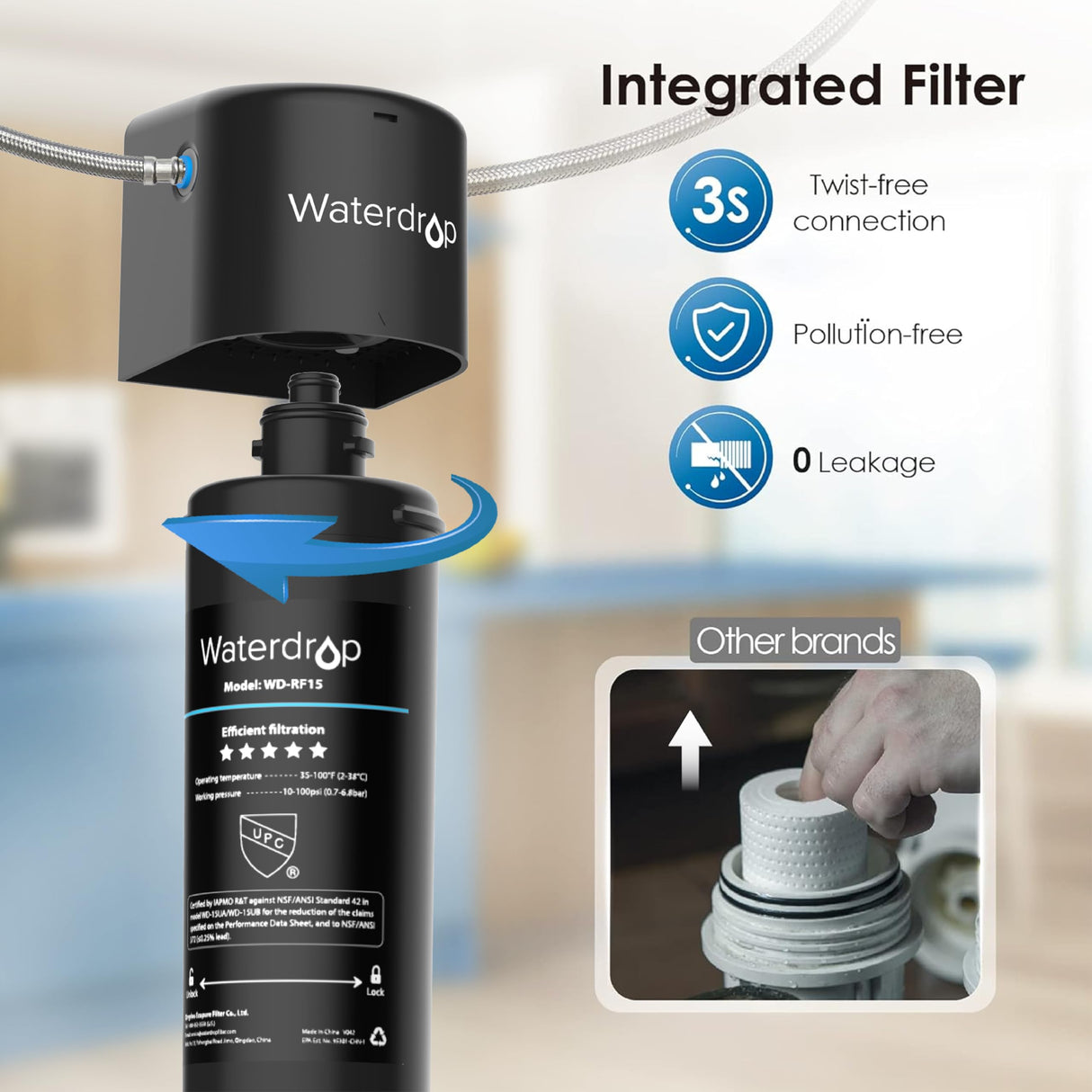 Waterdrop 15UA Under Sink Water Filter System, Reduces Lead, Chlorine, Bad Taste & Odor, Under Counter Water Filter Direct Connect to Kitchen Faucet, NSF/ANSI 42 Certified, 16000 Gallons, USA Tech Waterdrop