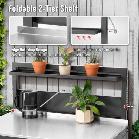 Garden Potting Bench with Storage Cabinet,Outdoor Gardening Table & Work Bench for Plants, Horticulture,Outdoor Workstation with Stainless Steel Tabletop,Outdoor Work Table with Elevated Rack Feasto