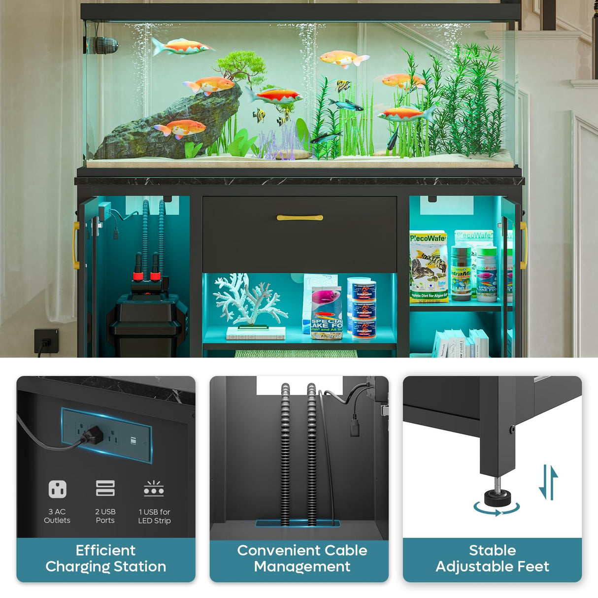 Bestier 55 Gallon Fish Tank Stand with Power Outlet & LED Light, 49.2"x13.8" Heavy-Duty Aquarium Stand with Storage, Dual Glass Cabinet, 8 Thicken Metal Legs, Suit for Reptile/Turtle Terrarium(Black) Bestier