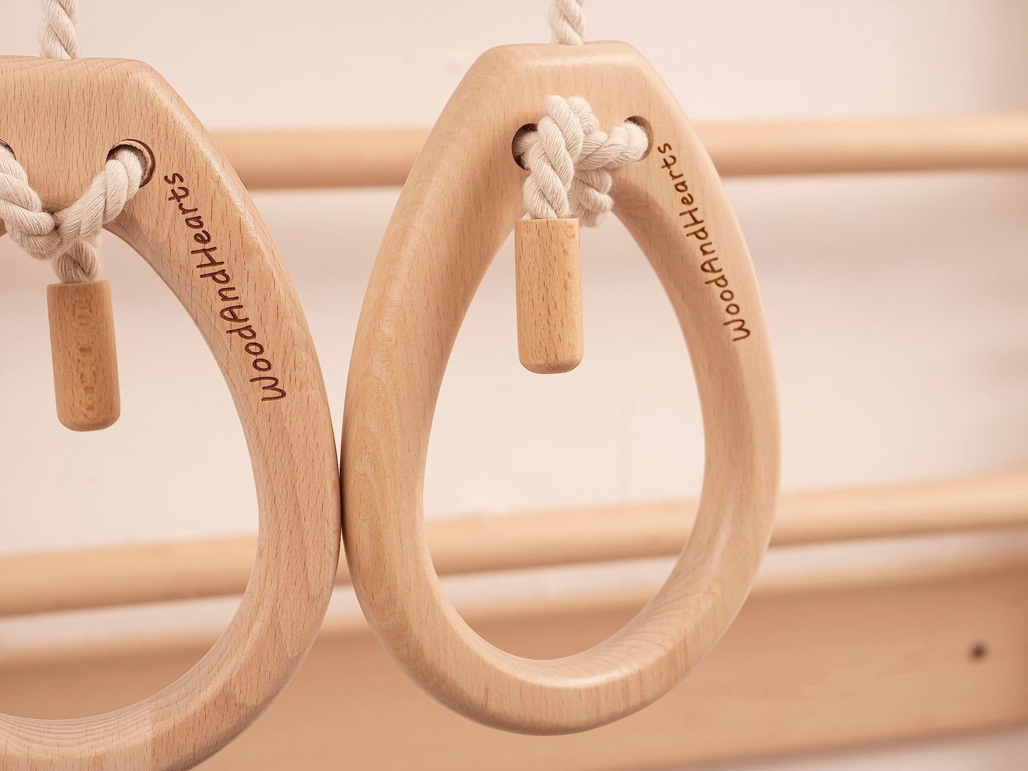 Woodandhearts Montessori Toddler Swedish Ladder, Indoor Playground, Jungle Gym, Indoor Jungle Gym for Toddlers, Wooden Play Gym, Montessori Climbing (Pair of Gymnastic Rings Natural Wood)