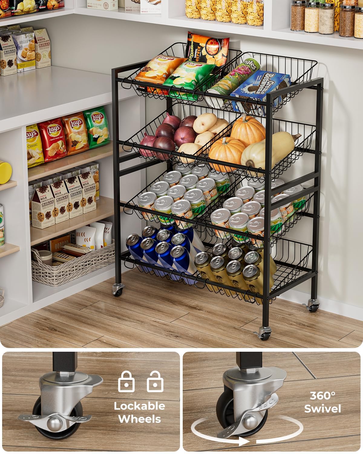 Evermagin Kitchen Storage Cart, Rolling Snack Cart, 25.2''W 4 Tier Fruit Basket Stand, Metal Pantry Storage with Stackable Wire Basket, Black Evermagin