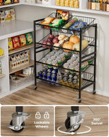Evermagin Kitchen Storage Cart, Rolling Snack Cart, 25.2''W 4 Tier Fruit Basket Stand, Metal Pantry Storage with Stackable Wire Basket, Black Evermagin