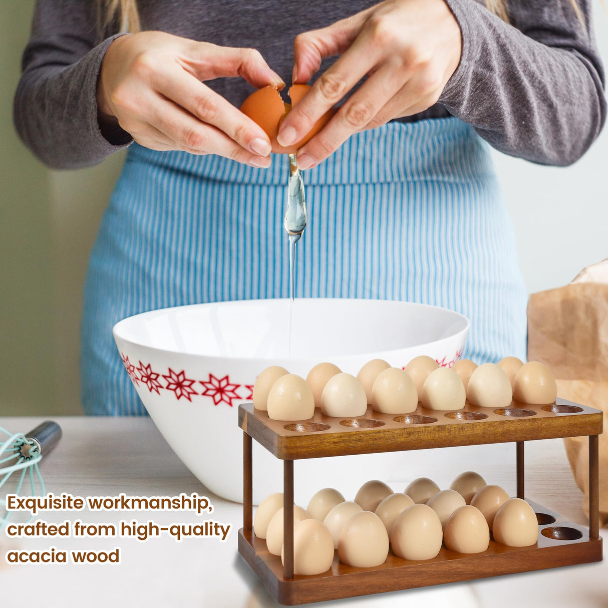 Wooden Double Layer Egg Holder - Farmhouse Kitchen Acacia Egg Tray Organizer - 2 Tier Fresh Egg Storage Rack Basket for Countertop, 36 Capacity Sishynio
