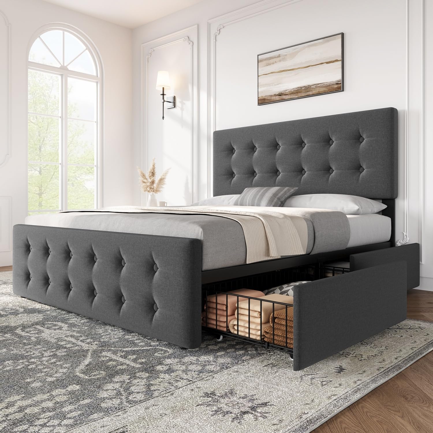 IDEALHOUSE Grey Upholstered Full Size Bed Frame with Adjustable Headboard and 4 Storage Drawers - WoodArtSupply