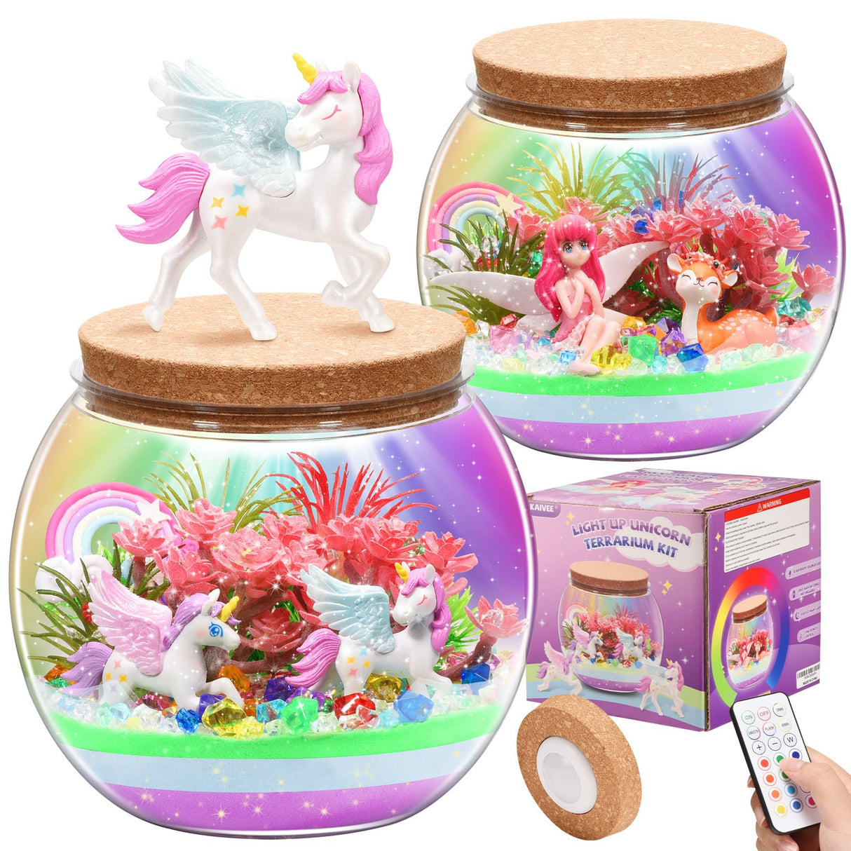 Kaivee 2 Theme in 1 Jar Light Up Unicorn Terrarium Kit & Night Light Fairy Terrarium Kit Creativity DIY Aarts Crafts for Girls Toys Ages 4 5 6 7 8 Year Old Girl Birthday Gifts KAIVEE