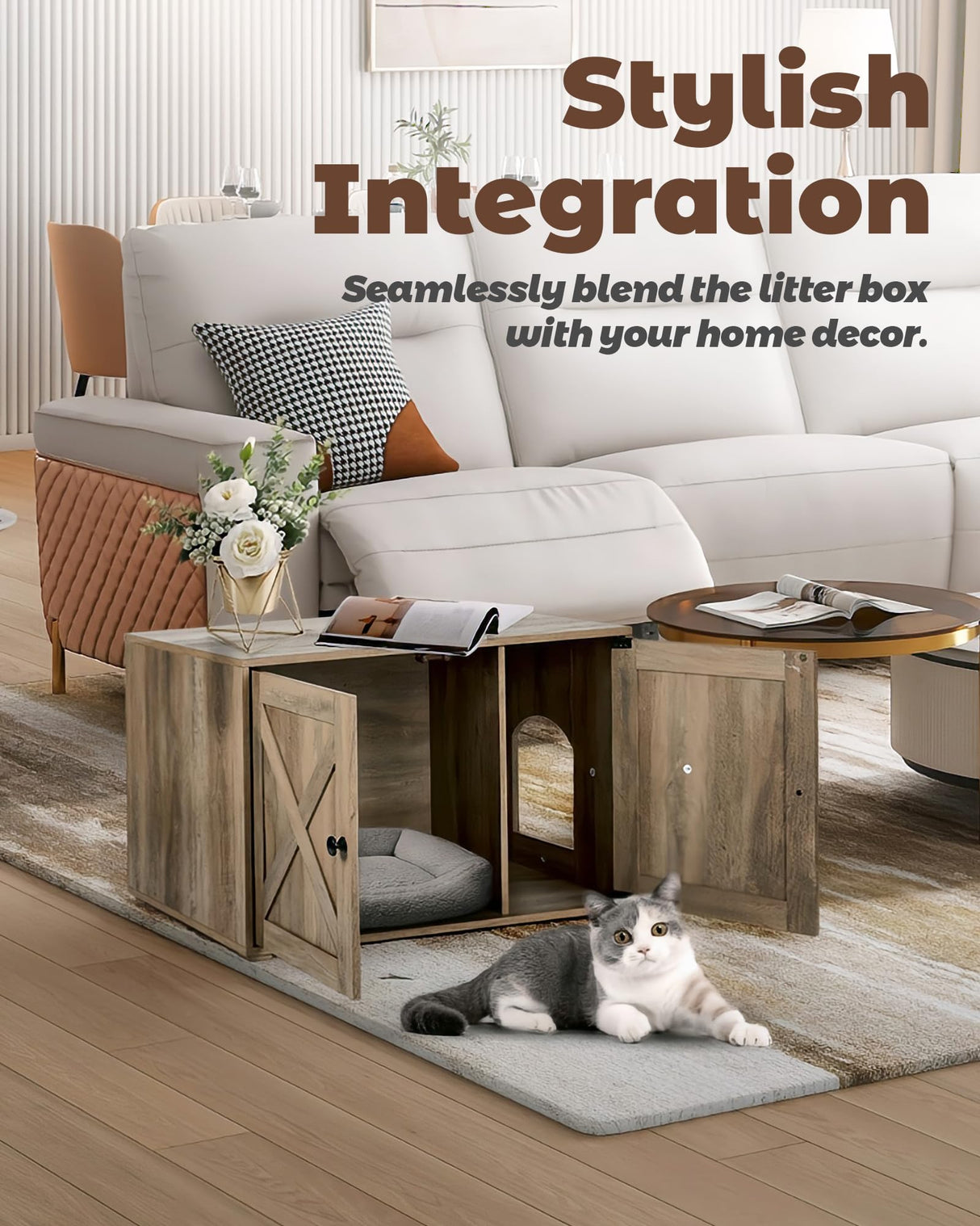 Upolana Cat Litter Box Enclosure, 32 inch Hidden Litter Box Furniture with Divider, Wooden Kitty Litter Box Cabinet End Side Table, Greige Upolana