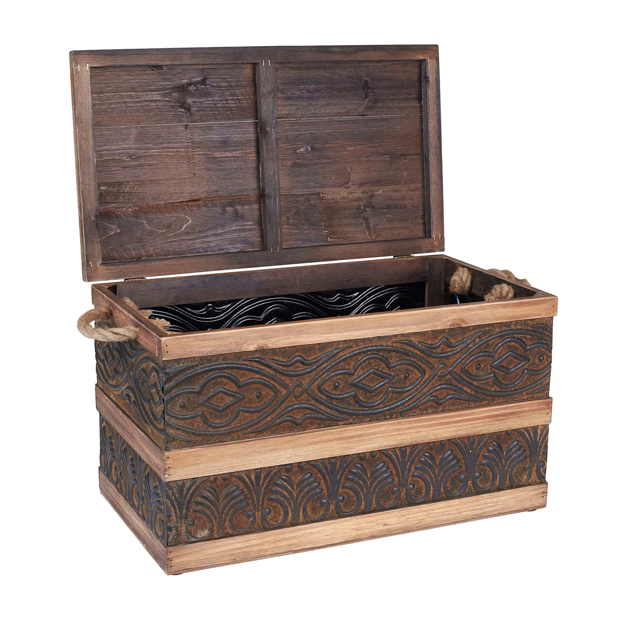 Household Essentials Decorative Trunk, Embossed Metal, Large, Chinese Fir Wood, Darkened Interior, Rope Handles, Flat and Fully Opening Lid, Handmade, Walnut and Almond Stain Household Essentials