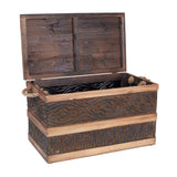 Household Essentials Decorative Trunk, Embossed Metal, Large, Chinese Fir Wood, Darkened Interior, Rope Handles, Flat and Fully Opening Lid, Handmade, Walnut and Almond Stain Household Essentials